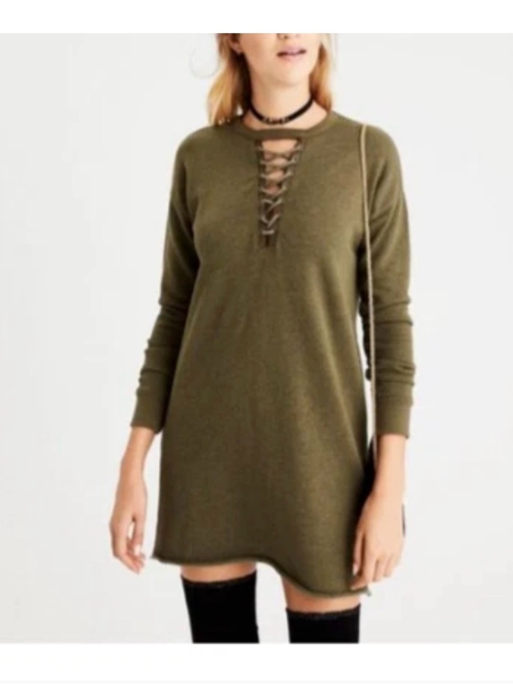 American Eagle Outfitters Olive Green Lace-Up Long Sleeve Tunic